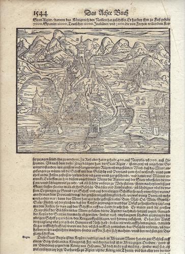 1614 Munster View of Algiers -- Algier: Title: 1614 Munster View of Algiers -- Algier Cartographer: S Munster Year / Place: 1614, Basel Map Dimension (in.): 5.6 X 7 in. This is an excellent view of the mighty fortress of Algiers, a major hu