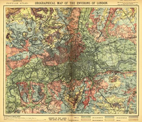 Orographical Map of the Environs of London.: Publication Date: 1884 Title: Orographical Map of the Environs of London. Cartographer: LETTS Height: 12.5 Width: 15.5 Mile circles from the General Post Office. Indicates heights in feet above sea le