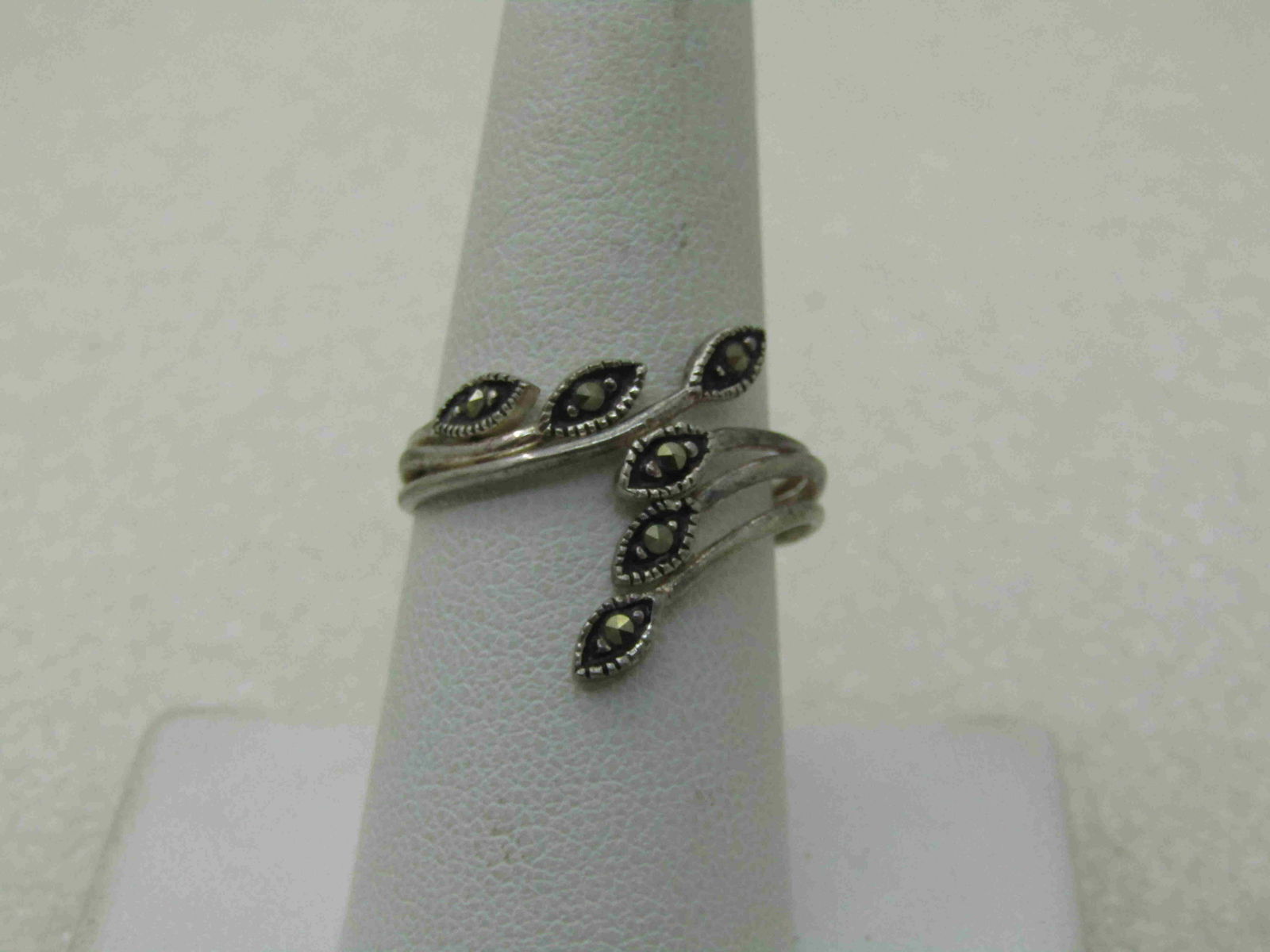 Vintage Sterling Marcasite Bypass Rng, Sz. 8.5, Signed (1 of 7)