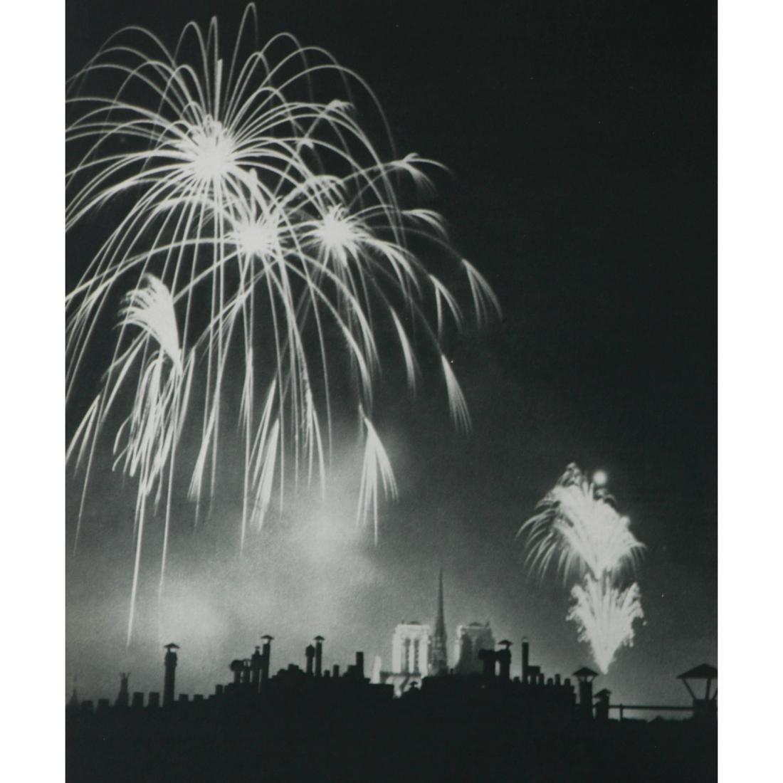 BRASSAI - Fireworks over Notre Dame: Artist: BRASSAI Print Title: Fireworks over Notre Dame Medium: Sheet-fed Gravure Printing Date: 1950's Printed in France Image size approx. 9.25 x 7.25 inches Brassai, pseudonym of Gyula Halász, (189