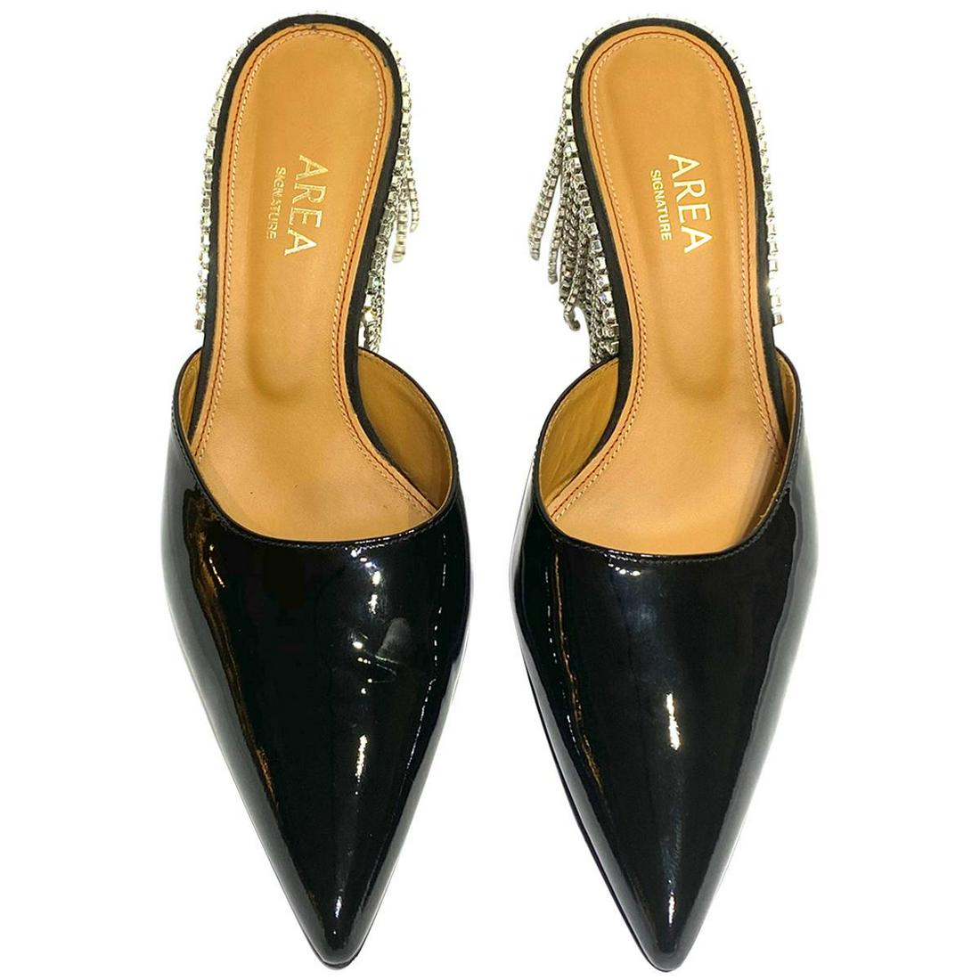 Area Black and Crystal Slide Mules Heels Size 39: Title: Area Black and Crystal Slide Mules Heels Size 39 Description: Product details: Featuring black calfskin leather with patient finish, crystal fringe, pointed toe, kitten heel. Made in Italy. Dim