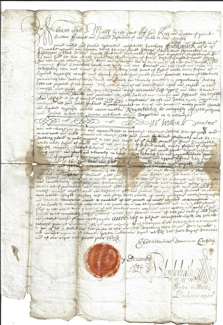 1692 Musselburgh Manuscript Legal Document (1 of 1)