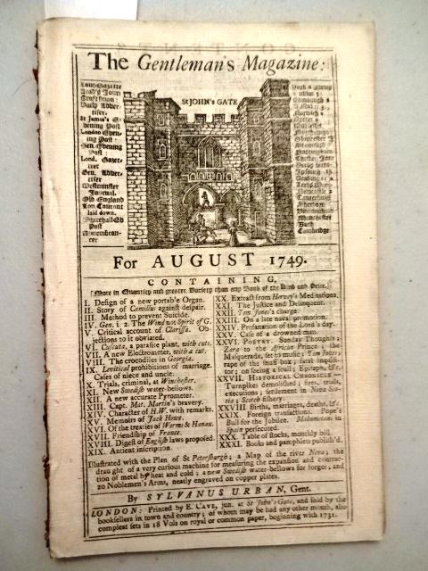 1749 Magazine Georgia Exploration Chebucto: The August 1749 issue of Gentleman's Magazine printed at London, published by Sylvanus Urban and printed here by E. Cave. Two engraved plates but not the one called for. Alsotext cuts. Interesting art