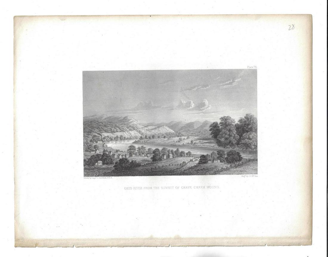 c1850 Seth Eastman Ohio River Grave Creek Mound: Engraving after Captain Seth Eastman of "Ohio River from the Summit of Grave Creek Mound", by J C McRae. Circa 1850. Wide margins, image measures 7.5 x 4.5". Reserve: $20.00 Shipping: Domestic: Flat-r
