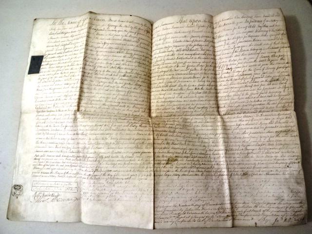 1766 Vellum Deed Property Greenock: A conveyance of property on Cathcart Street in Scotland dated 1766. On vellum with blue revenue stamp and tax stamps. Very Good, measures 23 x 17". Reserve: $35.00 Shipping: Domestic: Flat-rate of $6.