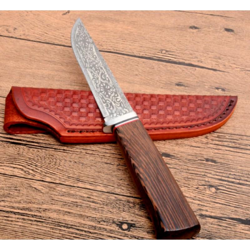 Damascus steel knife handmade Italian skin sheath: Knife "Tanto" made of damask steel. Handle – wood, scabbard - handmade Italian vegetable skin. Damascus knives are very durable, look great and keep sharpness perfectly. Damascus steel has high qual