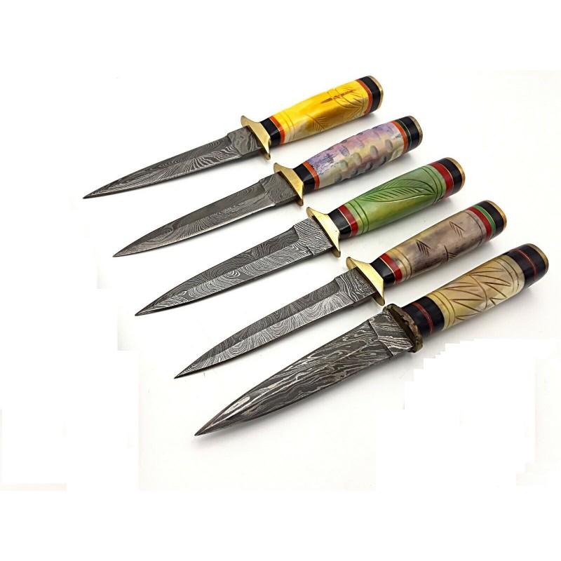 5 pcs SET hunting damascus steel knives camel bone: 5 pcs SET knives "Angelo" • Blade - damask steel • Handle – camel bone, brass • Scabbard – leather (included) • Blade hardness – 58-60 HRC • Total length – 234 mm. • Blade length �