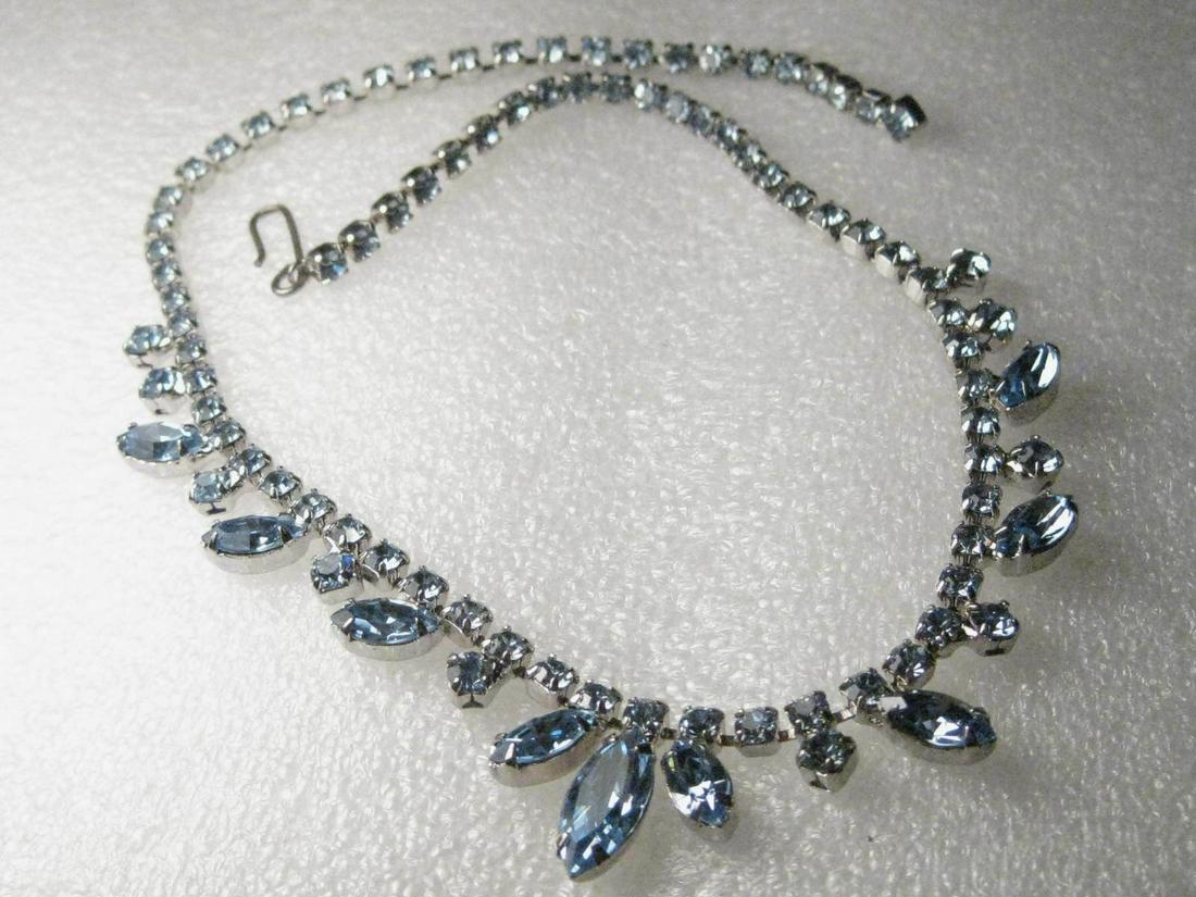 Vintage 15" Baby Blue Glass Rhinestone Choker, Marquis: Vintage beauty - baby blue all rhinestone, all prong-set choker - it is 15" long and has a J hook and the other side of the chain has a larger blue round stone - the base chain of the choker is all ro