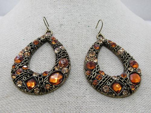 Vintage Amber Rhinestone Hoop Earrings 2.75", Boho (1 of 4)