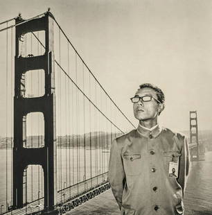 TSENG KWONG CHI - Golden Gate Bridge, 1979: Artist: Tseng Kwong Chi Title: Golden Gate Bridge, San Francisco, 1979 Medium: Photo Litho, 1999, USA Dimensions: 7.3x7.4" Description: Heat Wax Mounted on 11x14" Conservation Board Artist Bio: Tseng