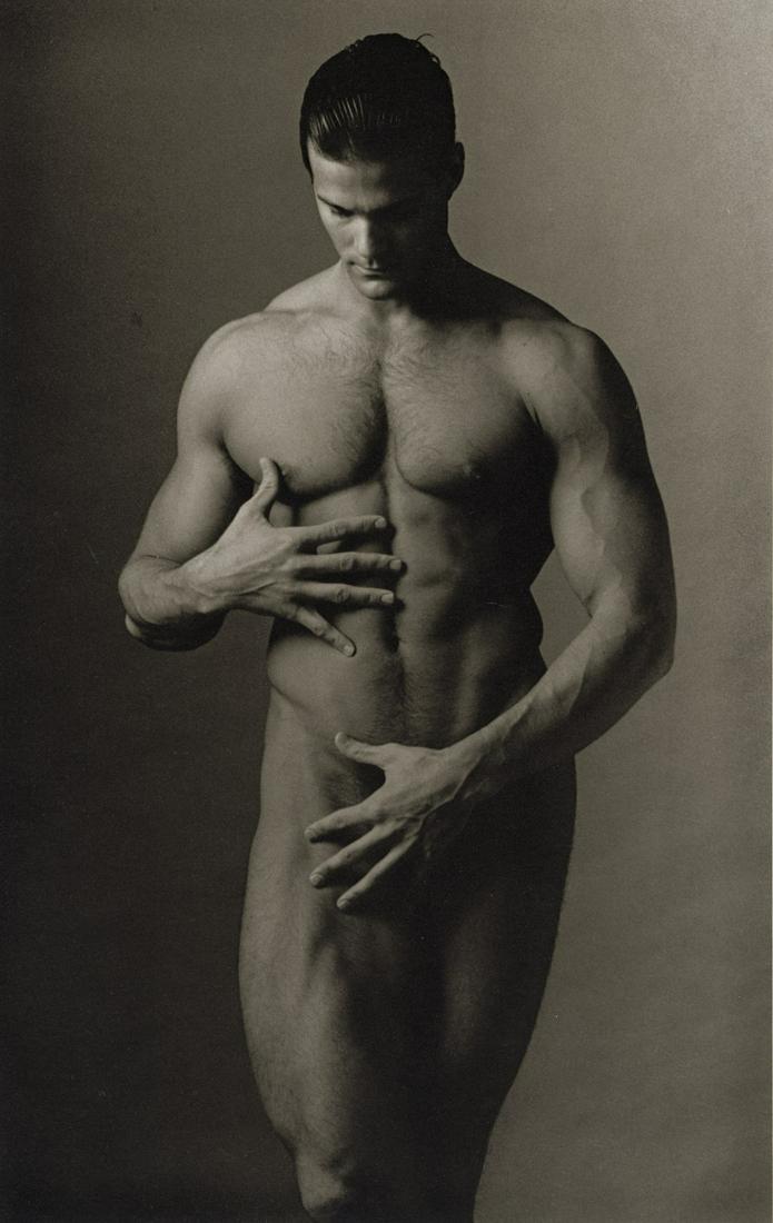KEN HAAK - Male Nude, 1985: Artist: Ken Haak Title: Male Nude, 1985 Medium: Photo Litho, 1986, USA Dimensions: 5.65x8.95" Description: Heat Wax Mounted on 8.5x11" Conservation Board Artist Bio: Ken Haak (1923 - 1991) Celebrated 