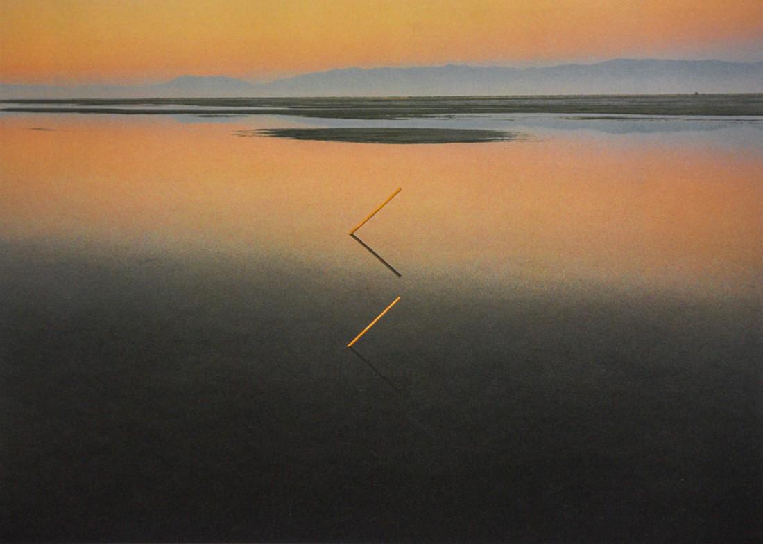 JOHN PFAHL - Great Salt Lake Angles, 1977: Artist: John Pfahl Title: Great Salt Lake Angles, 1977 Medium: Photo Litho, 1994, USA Dimensions: 7.7x5.5" Description: Heat Wax Mounted on 11x14" Conservation Board Artist Bio: John Pfahl (1939) is a