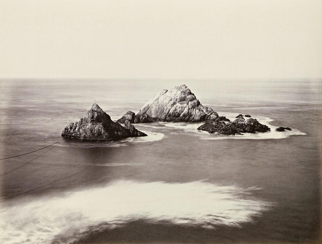CARLETON E. WATKINS - Seal Rocks, Cliff House, 1865: Artist: Carleton E. Watkins Title: Seal Rocks, Cliff House, 1865 Medium: Photo Litho, 2014, Italy Dimensions: 12.45x9.45" Description: Heat Wax Mounted on 12x16" Conservation Board Artist Bio: Carleto