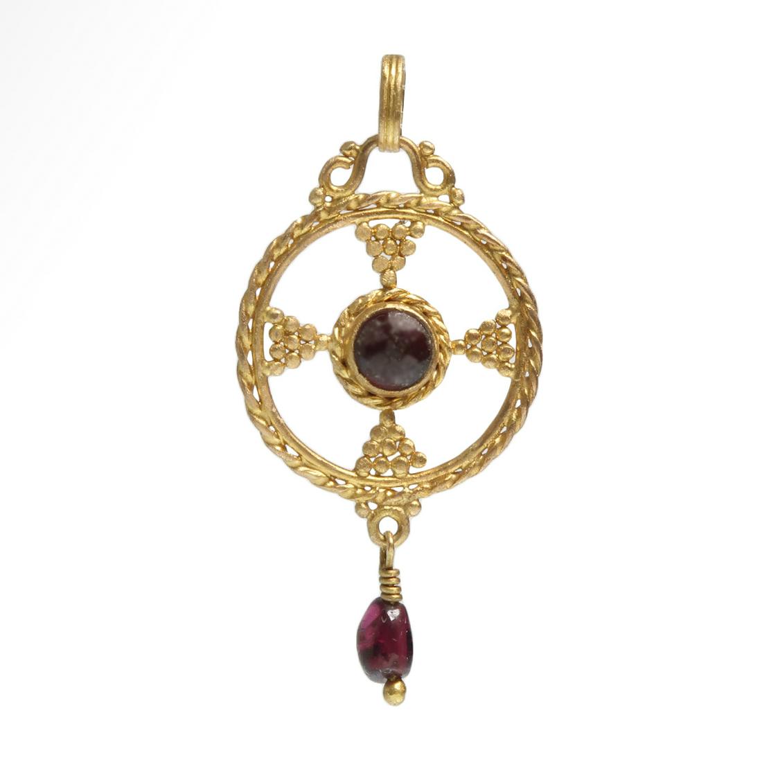 Byzantine Gold and Garnet Open-Work Pendant with Cross,: Title: Byzantine Gold and Garnet Open-Work Pendant with Cross, c. 9th Century A.D. Date/Period: Byzantine, c. 9th Century A.D. Dimension: 4.2 cm L (including loop) - 1 5/8 inch Material: Gold and garn