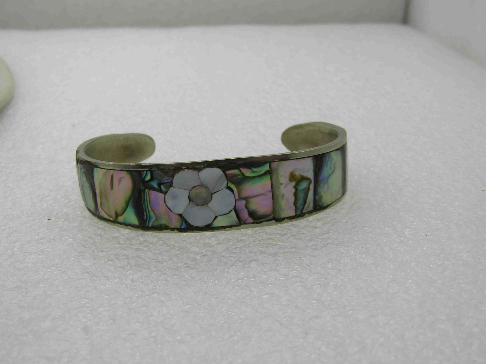 Vintage Mexico Inlaid Abalone Floral Cuff Bracelet, (1 of 6)