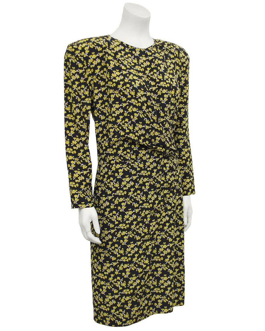 Giorgio Armani Navy and Yellow Floral Chintz Dress: Brand: Giorgio Armani Title: Giorgio Armani Navy and Yellow Floral Chintz Dress Additional Information: 1980s Armani crepe navy blue and yellow floral chinz wrap style print dress. Long sleeve with sh