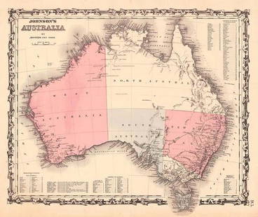 Johnson's Australia: Title: Johnson's AustraliaCartographer: JOHNSON AND WARDPublisher: JOHNSON AND WARDHeight: 13Width: 15.25 Details 5 districts with counties (numbered to reference tables), topography, etc. 93.