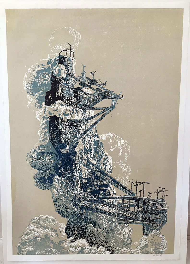 Ferropolis 2011 - Kai Schiemenz: Title: Ferropolis 2011 Artist: Kai Schiemenz Medium: Large three color woodcut on heavy zerkall butten paper Dimensions: 54" x 39" Description: Color woodcut Reserve: $450.00 Shipping: Domestic: Flat-