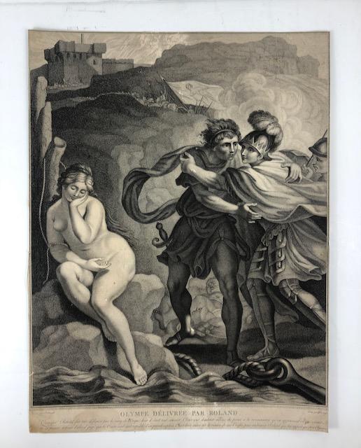 St Amand - Olympia rescued by Orland: Artist: St Amand Title: Olympia rescued by Orland Description: Olympia rescued by Orland "Olympe Délivrée par Roland.” - After St Amand by Morange. Paris Bonnefoy c1770 - Copper engraving by Moran