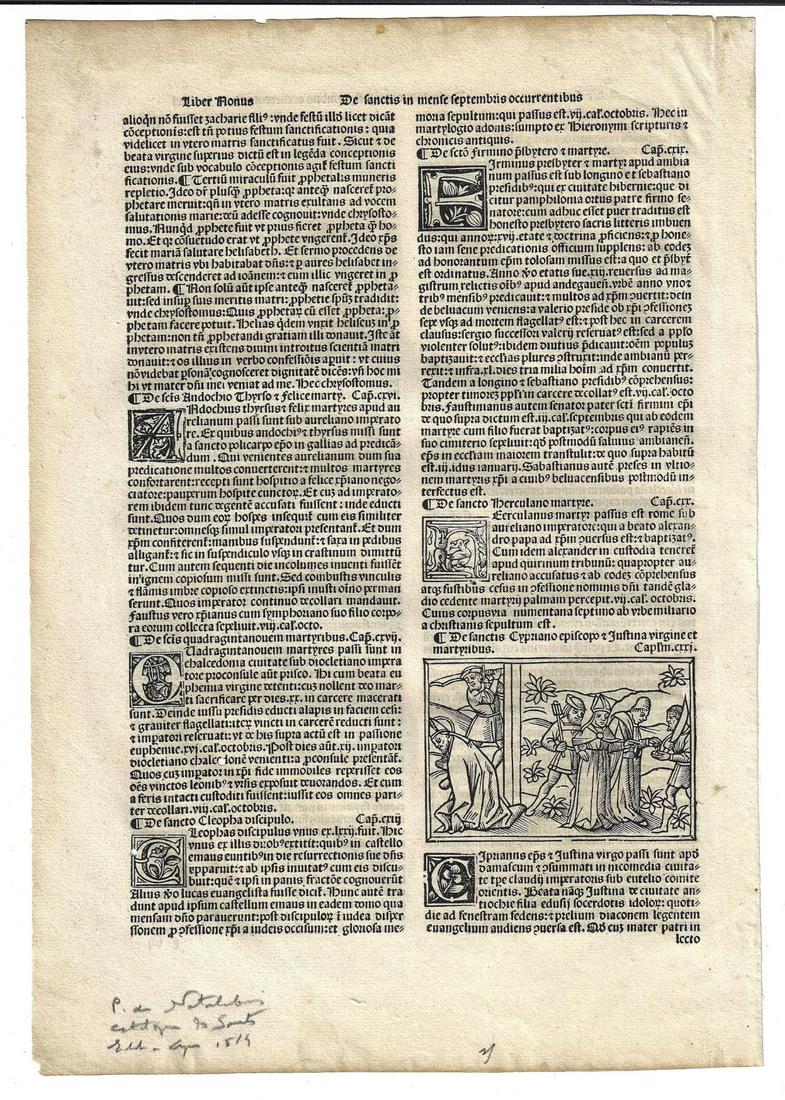 500 Year Old Leaf Catholic Martyrs Woodcut: Martyrdom woodcut circa 1519 engraved leaf from Â“Catalogus SanctorumÂ” by Petrus Natilibus, printed at Venice. Fine condition with mounting traces on verso. Measures 8.5 x 12Â”. Reserve: $35