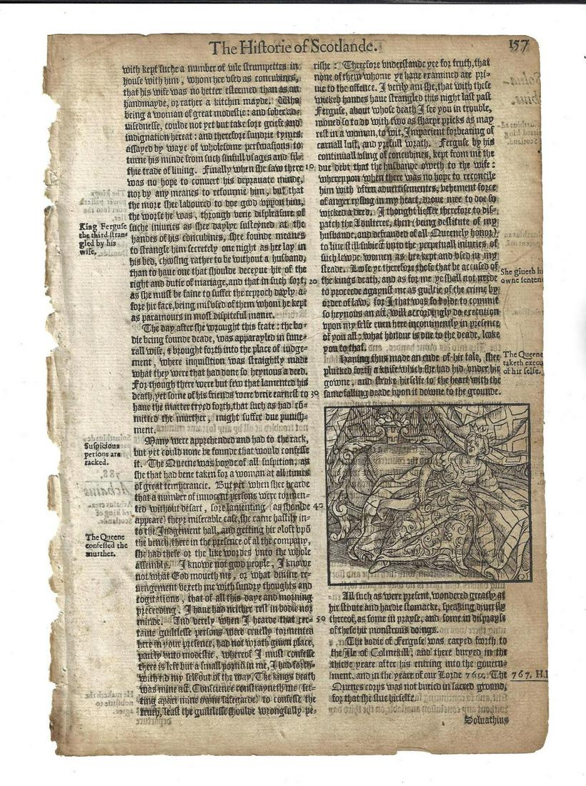 1577 Holinshed Leaf Woodcuts Queen Suicide: A leaf from Holinshed Chronicles “The Historie of Scotlande” printed 1577 at London. Woodcut of Queen commiting suicide and two portraits on verso. Folio 157/158. Fine with light crop at right mar