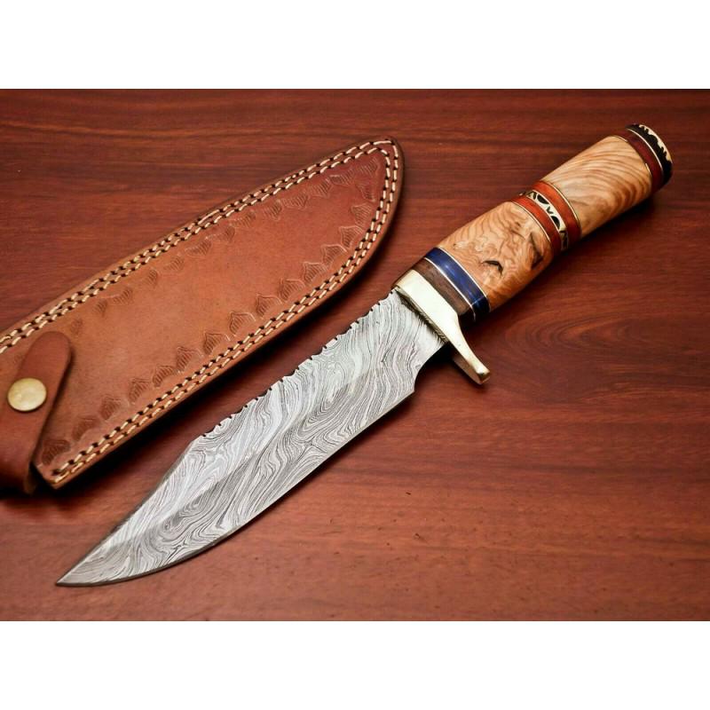 Exclusive pattern hiking damascus steel knife wood: Knife "Wildfish" made of damask steel. Handle – natural wood, olive wood and scabbard - genuine leather. Damascus knives are very durable, look great and keep sharpness perfectly. Damascus steel has