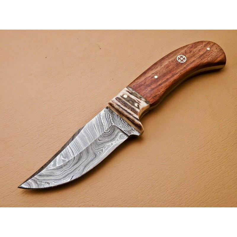 Knife damascus steel walnut wood stag horn hunting: Knife "Poplar" • Blade - damask steel • Handle – walnut wood, stag horn • Scabbard – cowhide leather (included) • Blade hardness – 58-60 HRC • Total length – 218 mm. • Blade length