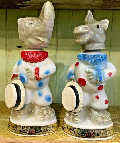 1968 POLITICAL JIM BEAM DECANTERS: Title: 1968 POLITICAL JIM BEAM DECANTERS Provenance/Additional Info: 2 JIM BEAM DECANTERS 1968 ELECTION ELEPHANT REPUBLICAN & DONKEY DEMOCRAT EMPTY Date/Period: 1968 Materials: CERAMIC Dimensions:tall