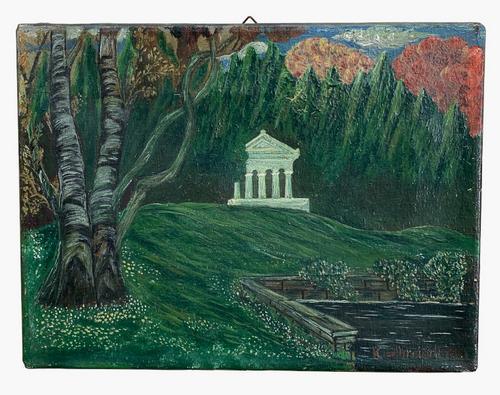 1918 Painting Classical Building Verdant Scene (1 of 3)
