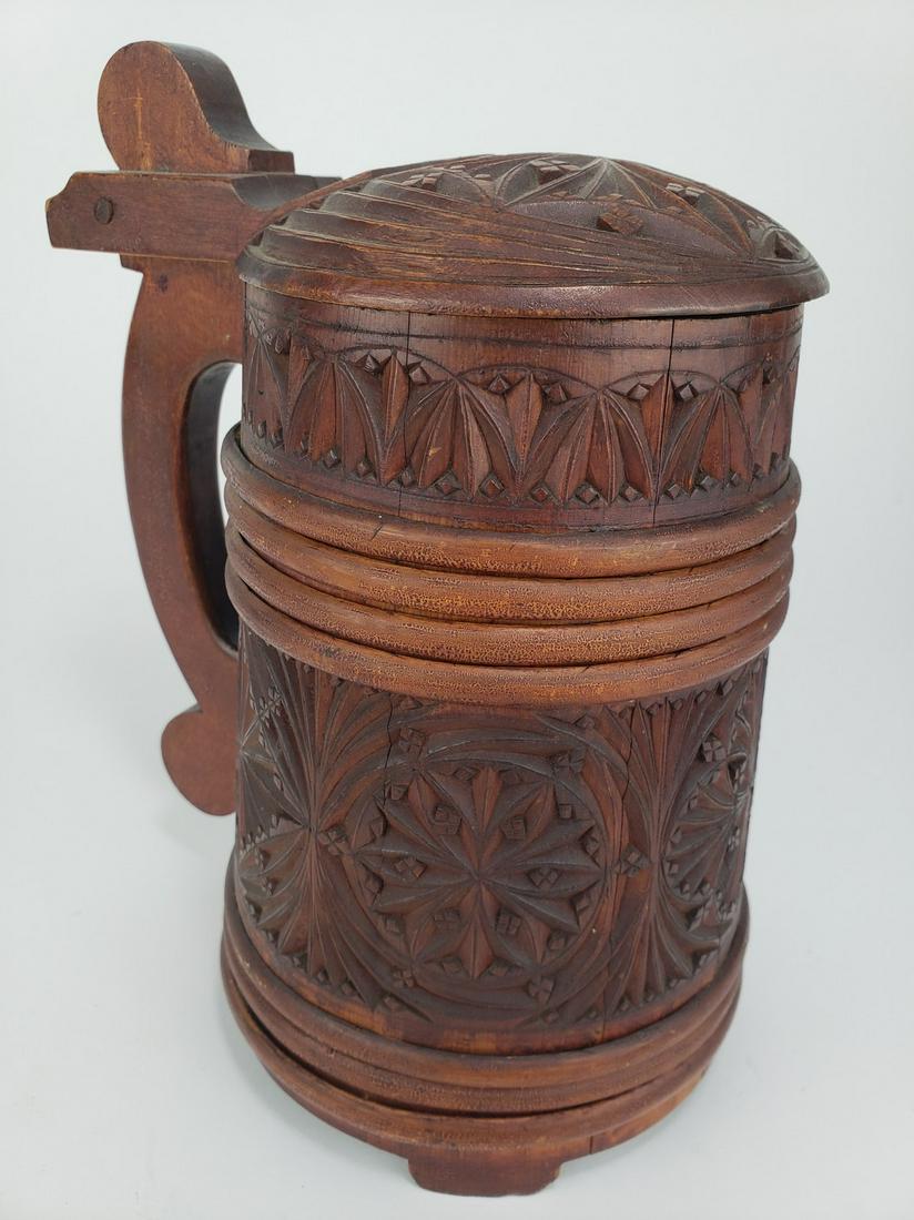 Chip Carved Tankard, Chestnut & Pine: Title: Chip Carved Tankard, Chestnut & Pine Date/Period: mid to late 1800s Dimension: 8 3/4" x 6 1/2" Materials: wood Additional Information: superb old craftsmanship carving on wood tankard or stein.