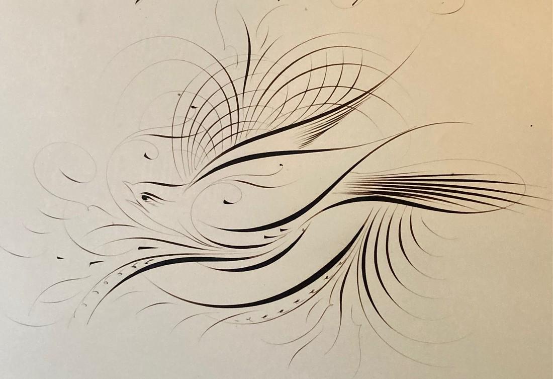 19thc Original Art Ornamental Penmanship Of A Bird (1 of 4)