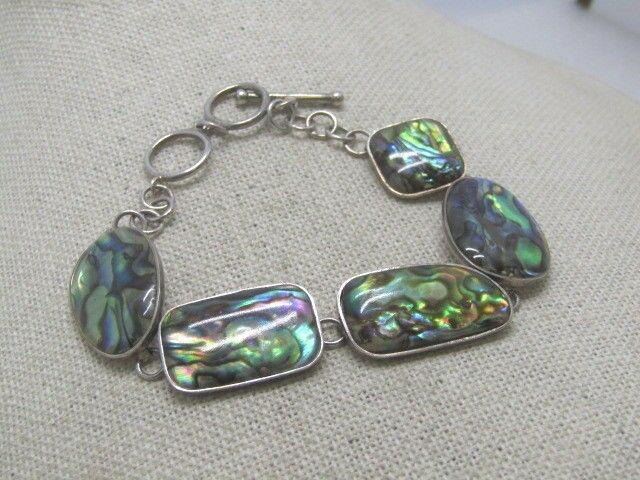 Sterling Silver Paua Shell Bracelet, 7.25"-8", signed (1 of 6)