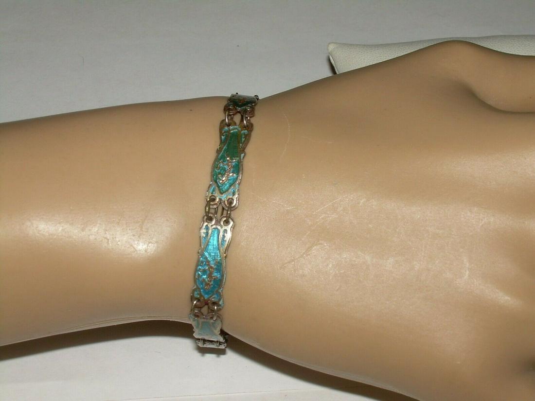 Vintage Sterling Siam Bracelet, Teal Enamel Linked - (1 of 20)