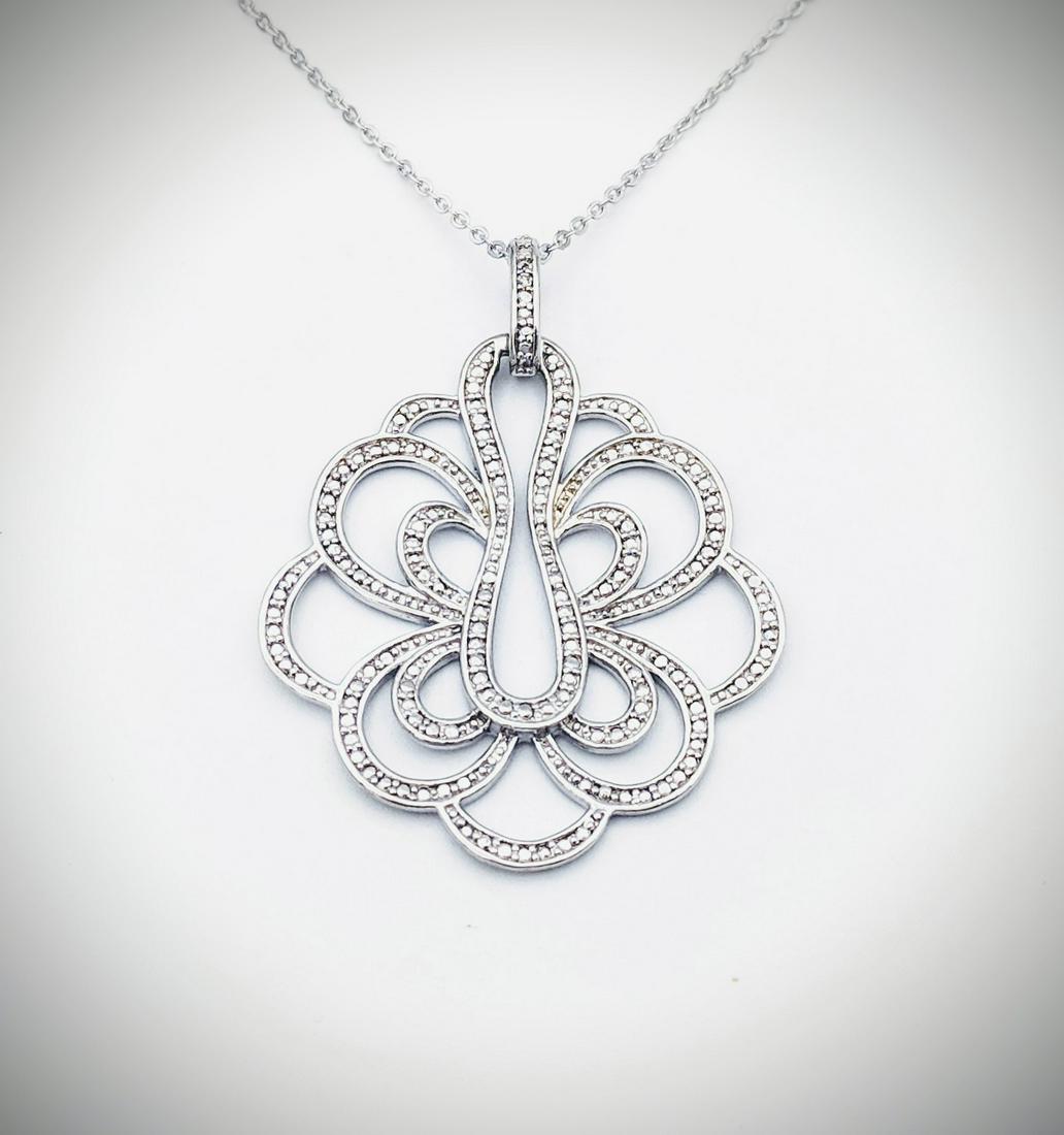 Sterling Silver Necklace & Swirl Pendant w Diamonds (1 of 3)