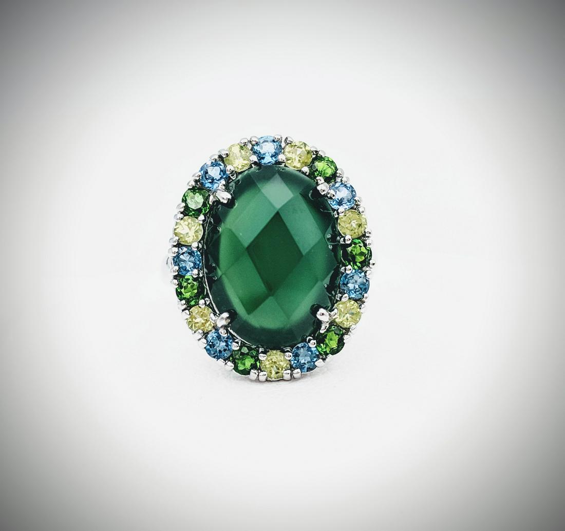 Sz 7 Jadeite Ring w Blue Topaz, Peridot & Demantoid (1 of 3)