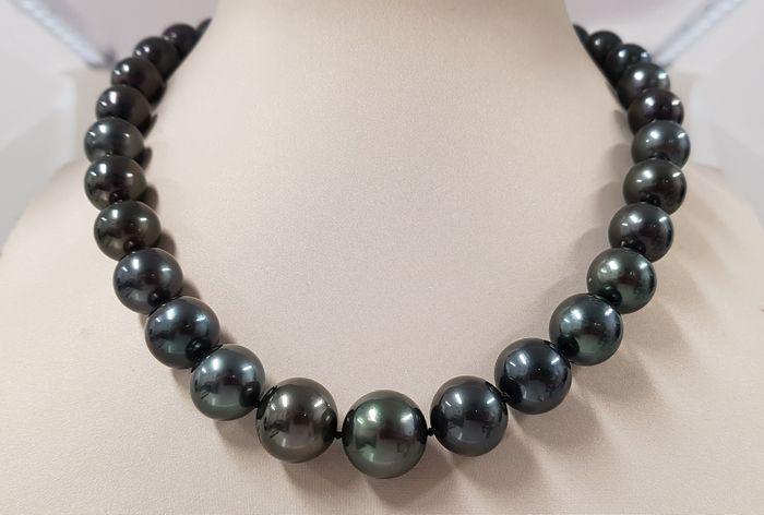 11.2x14.6mm Large Bright Black Tahitian Pearls -: Title: 11.2x14.6mm Large Bright Black Tahitian Pearls - Necklace Description: A luxury pearl necklace, made with dark near round Tahitian pearls, and completed with a secure invisible clasp.