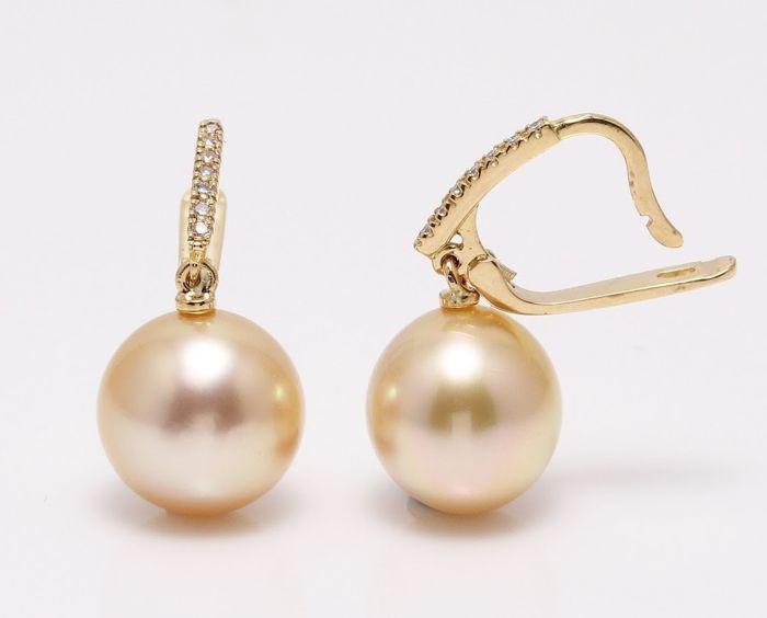 14 kt. Yellow Gold- 11x12mm Golden South Sea Pearls -: Title: 14 kt. Yellow Gold- 11x12mm Golden South Sea Pearls - Earrings - 0.11 ct Description: Produced by the gold-lipped Pinctada Maxima Oyster in the warm waters of Indonesia, these pearls have a nat
