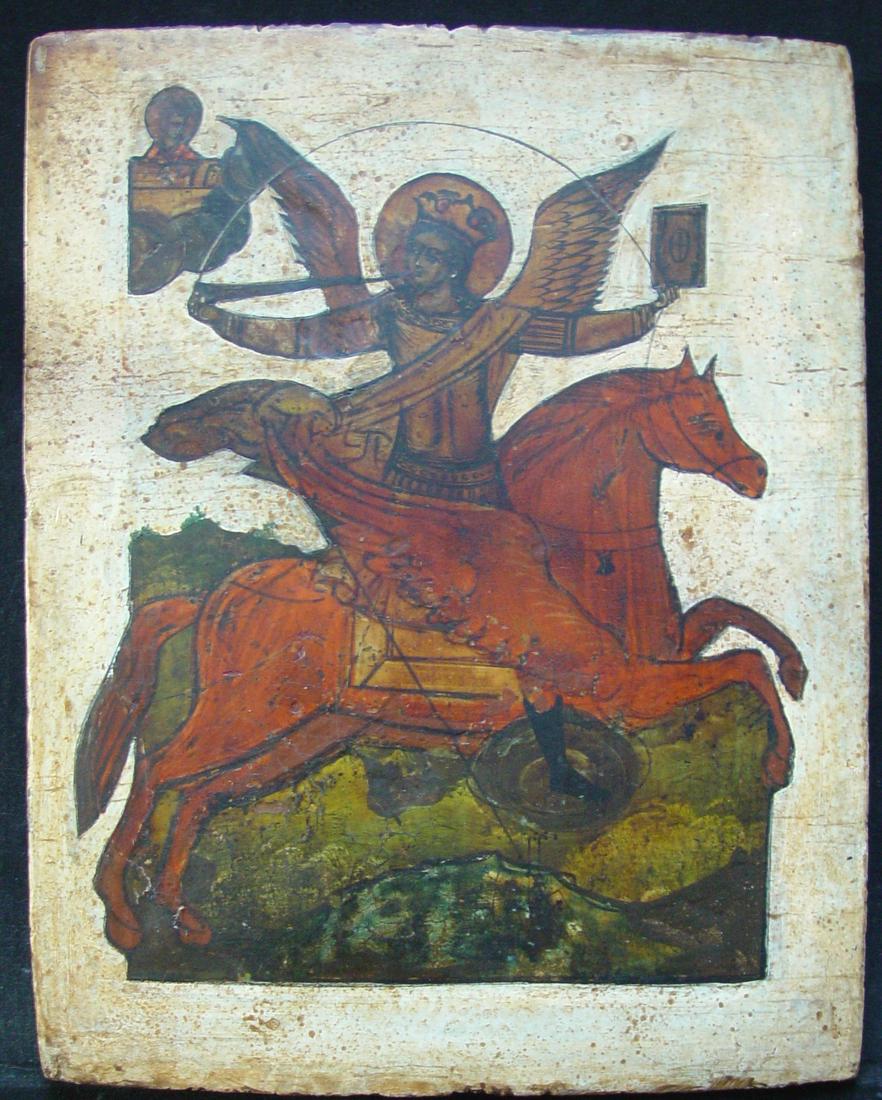 Archangel Michael: Title: Archangel Michael Origin: Russia Date/Period: 18th century Material: tempera on wooden panel, Size: 27 x 23 cm. Provenance: The archangel shown with fire sword in military attire and with outst