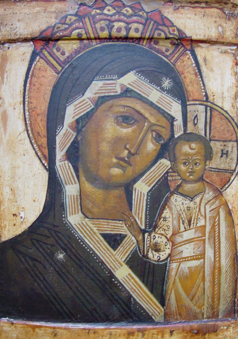 Mother of Kazan: Title: Mother of Kazan Origin: Russia Date/Period: 18th century Material: tempera on wooden board Size: 31 x 26 cm Provenance: Our Lady of Kazan is an icon of the Theotokos and popular in Russia since