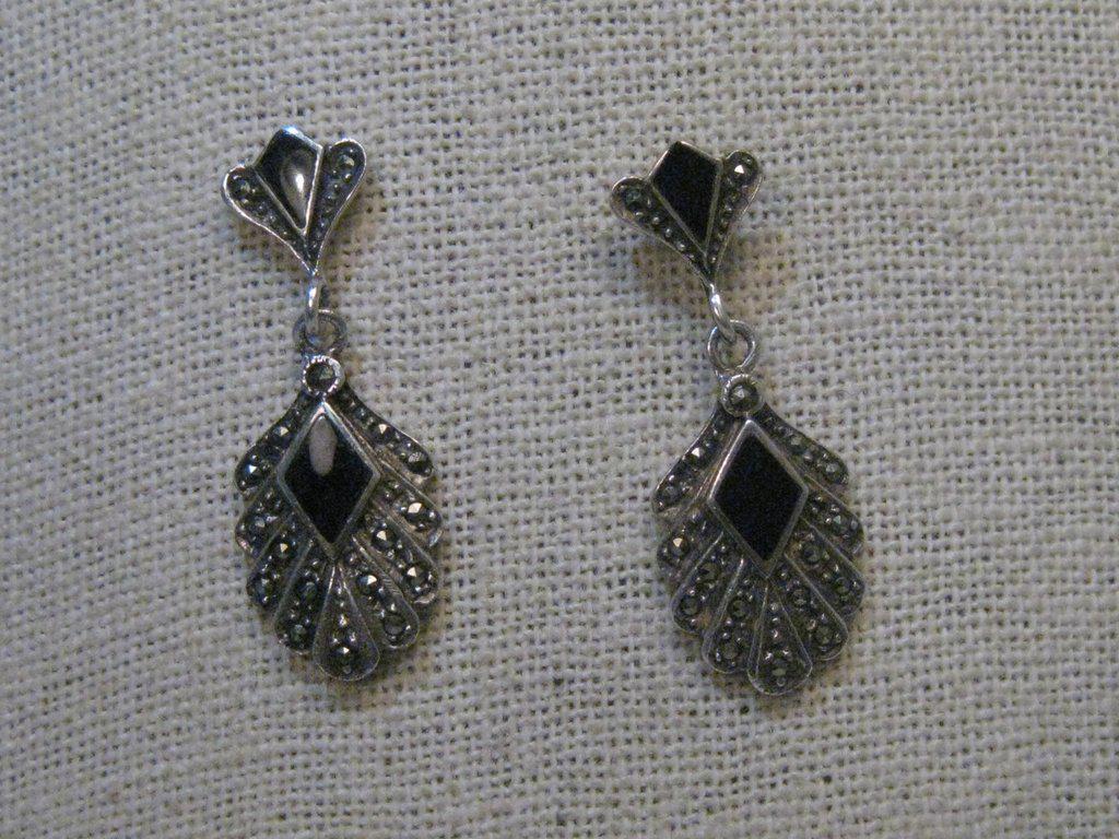 Sterling Silver Onyx Marcasite Pierced Earrings, Stud & (1 of 4)