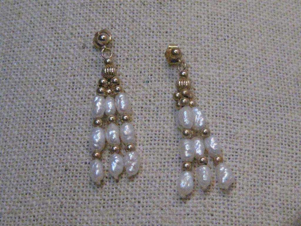14Kt Freshwater Pearl Pierced Earrings, Three Strands, (1 of 5)