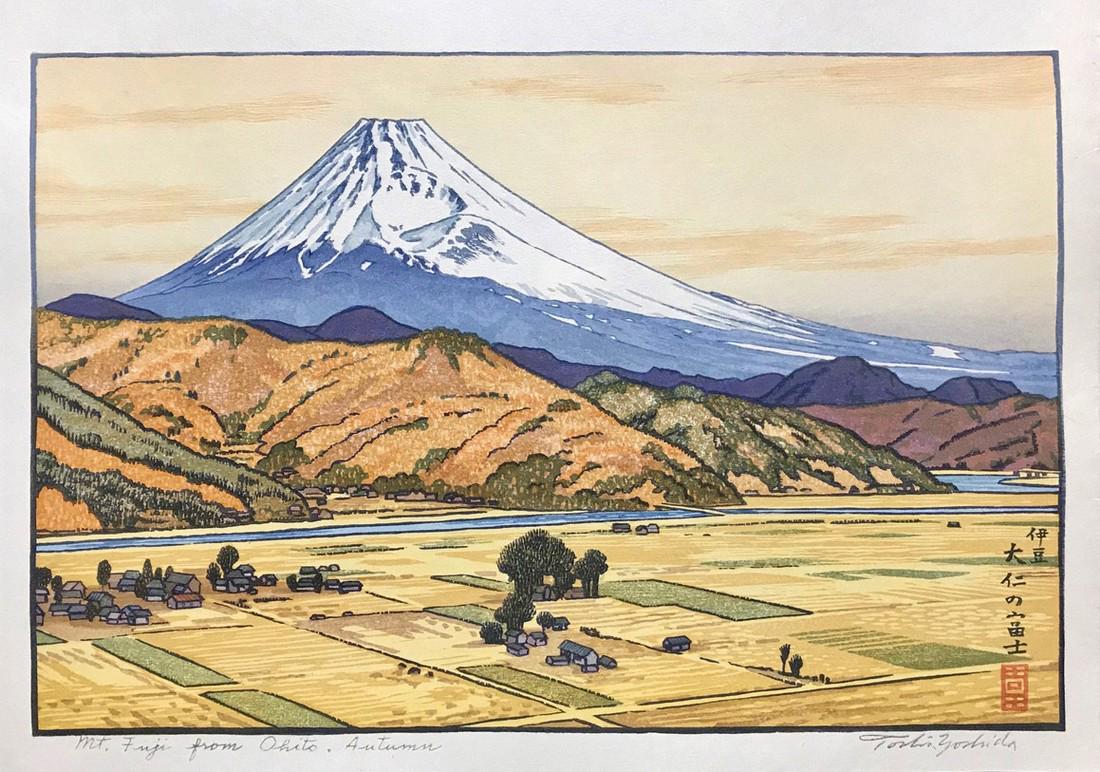 Toshi Yoshida: Mt Fuji From Ohito, Autumn: Title: Toshi Yoshida - Mt Fuji From Ohito, Autumn Size/Format: The print image measures 8 1/4 x 12 1/4 inches plus full margins Medium: Woodblock Print Reserve: $240.00 Shipping: Domestic: Flat-rate o