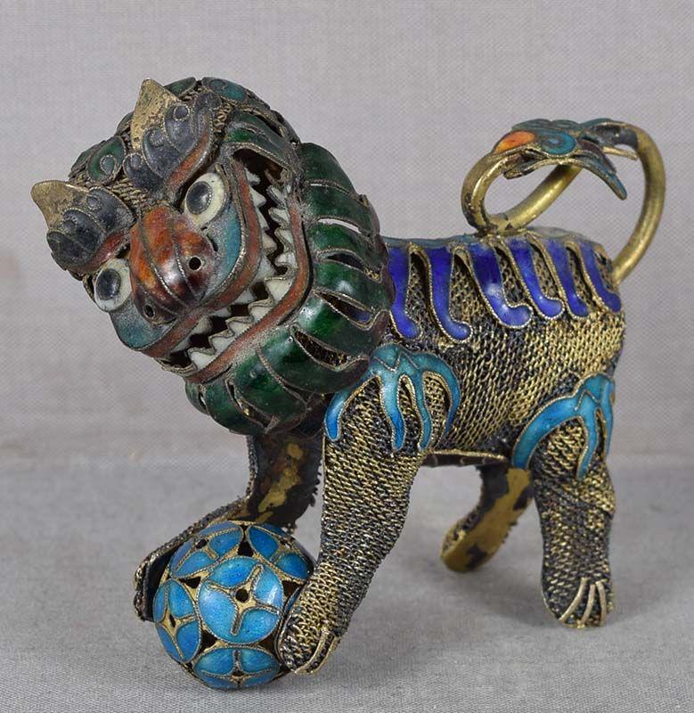 19c Chinese silver filigree BUDDHIST LION moveable head (1 of 6)