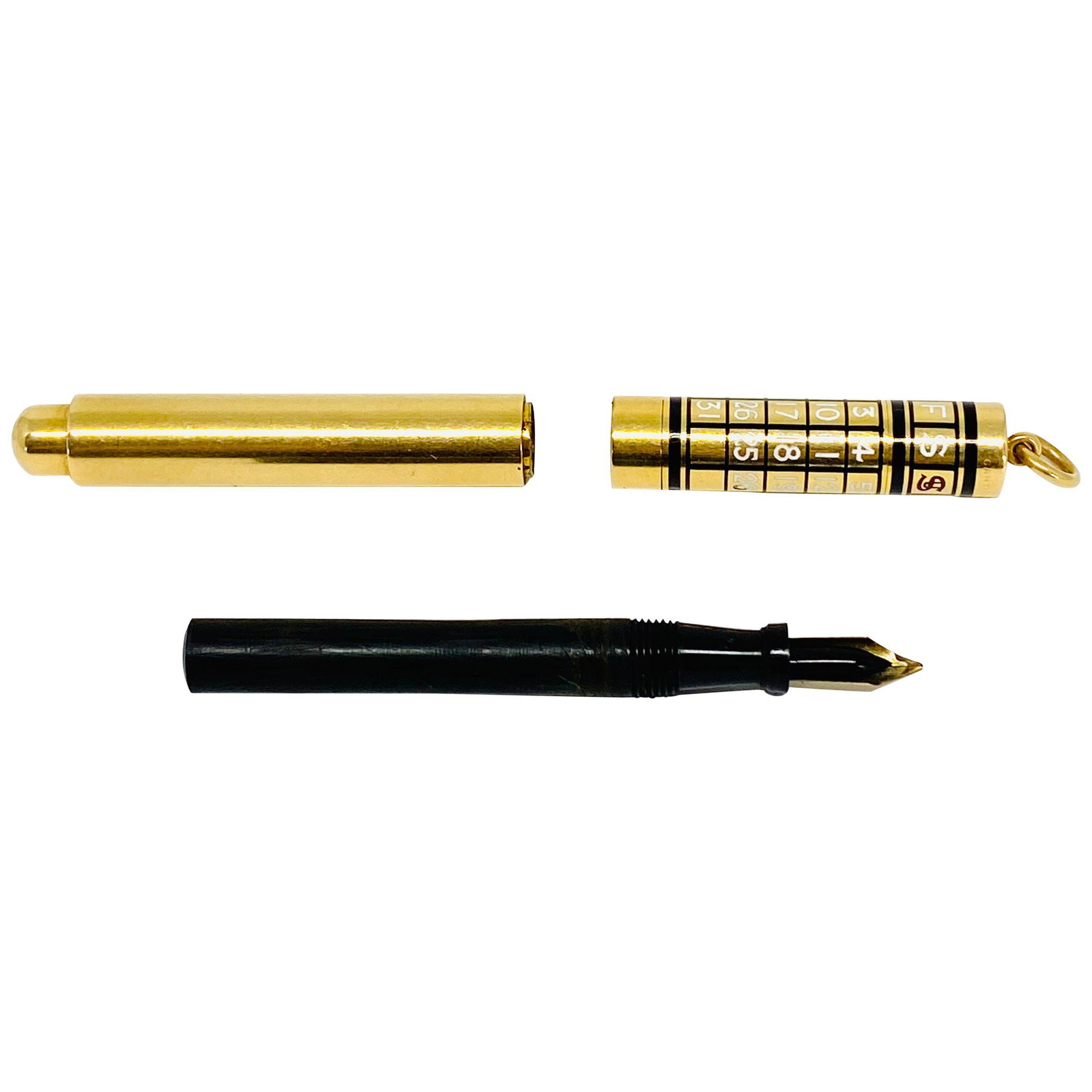 Circa 1950 CARTIER 14K Yellow Gold and Enamel Fountain: Circa 1950 CARTIER 14K Yellow Gold and Enamel Fountain Pen and Calendar Pendant Product details: 3 in 1: fountain pain, enamel calendar and pendant The pendant is 14K yellow gold (tested) The pen is r
