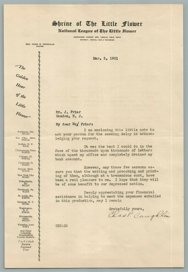 Fr CHARLES COUGHLIN 1931 SIGNED LETTER SHRINE OF LITTLE: Charles Edward Coughlin (1891 – 1979), commonly known as Father Coughlin, was a Canadian-American Roman Catholic priest who was based in the United States near Detroit. He was the founding pries