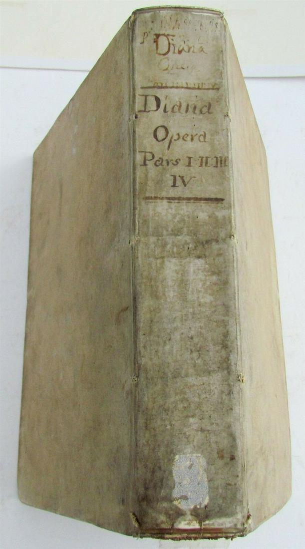1654 VELLUM BOUND ANTIQUE FOLIO Antonini Diana: Antonini Diana Panormitani… Resolutiones Morales. Venice, 1654. Size 13 x 9.5". Folio. Period vellum, title to spine in manuscript. Some toning on the pages. Ex-library. (23) Reserve: $266.00 <