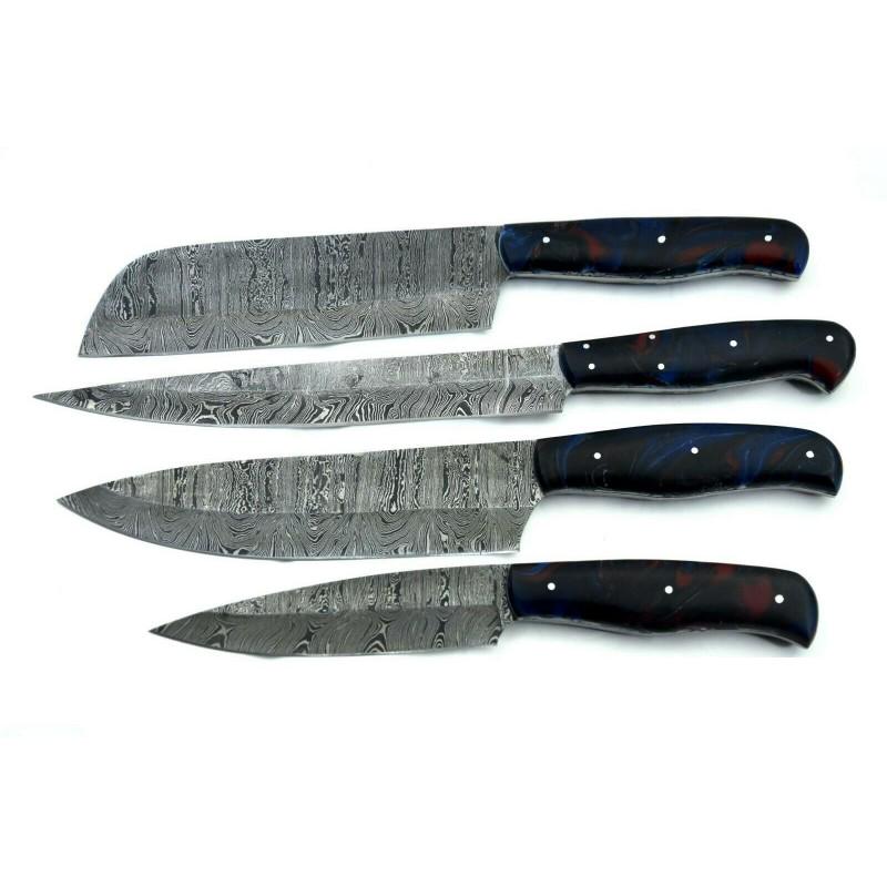 Set of 4 kitchen chef hiking damascus steel knife resin (1 of 7)