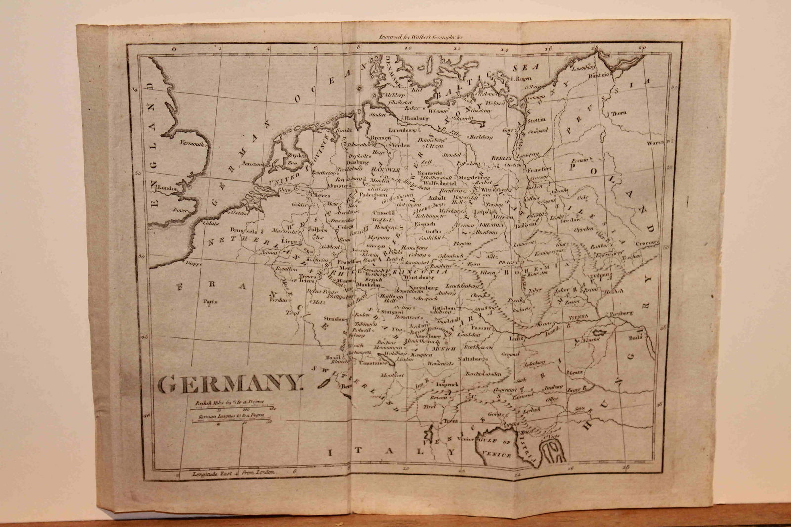 1801 Map of Germany: Title: 1801 Map of Germany Author: Walker Medium: Ink on paper Dimensions: 10.5"X8" Description: Map of Germany dated 1801. Part of the 3rd edition of the Universal Gazetteer. Published by John Walker