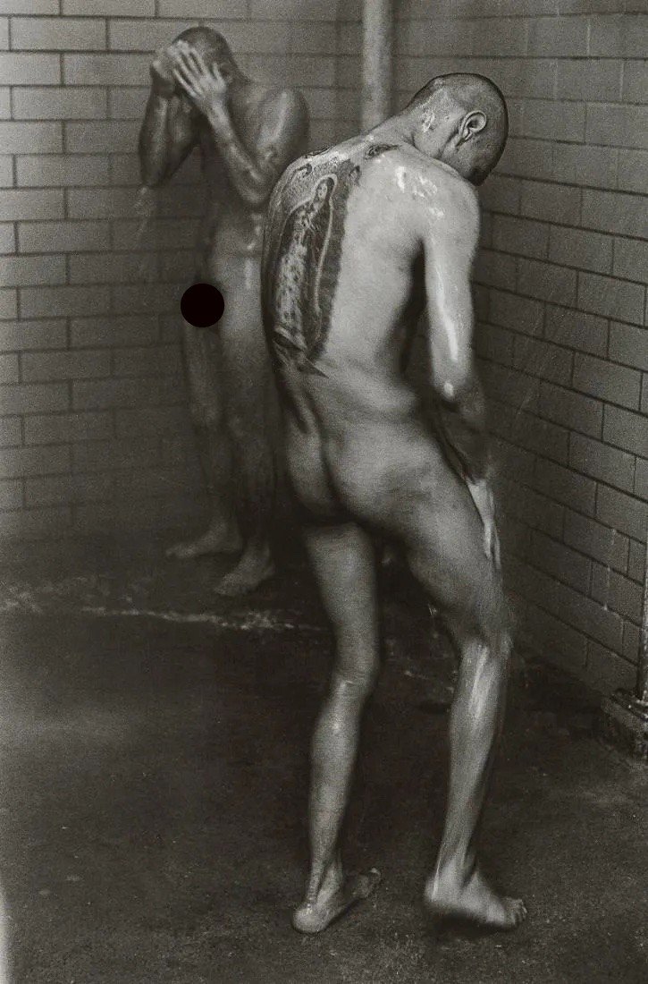 DANNY LYON - Showers, Huntsville, Texas, 1968: Artist: DANNY LYON Title: Showers, Huntsville, Texas, 1968 Medium: Photo Litho, 1991, Germany Dimensions: 6.55x9.9" Description: Heat Wax Mounted on 11x14" Conservation Board Artist Bio: Danny Lyon (1