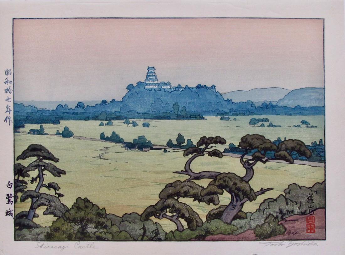 Toshi Yoshida: Shirasagi Castle: Artist: Toshi YOSHIDA (1911-1995) Subject: Shirasagi Castle Publisher: Self Signature: Toshi Yoshida in pencil Date: 1942 Format: chûban, 27.1 x 20.1 cm Condition: Fine impression, color and conditio